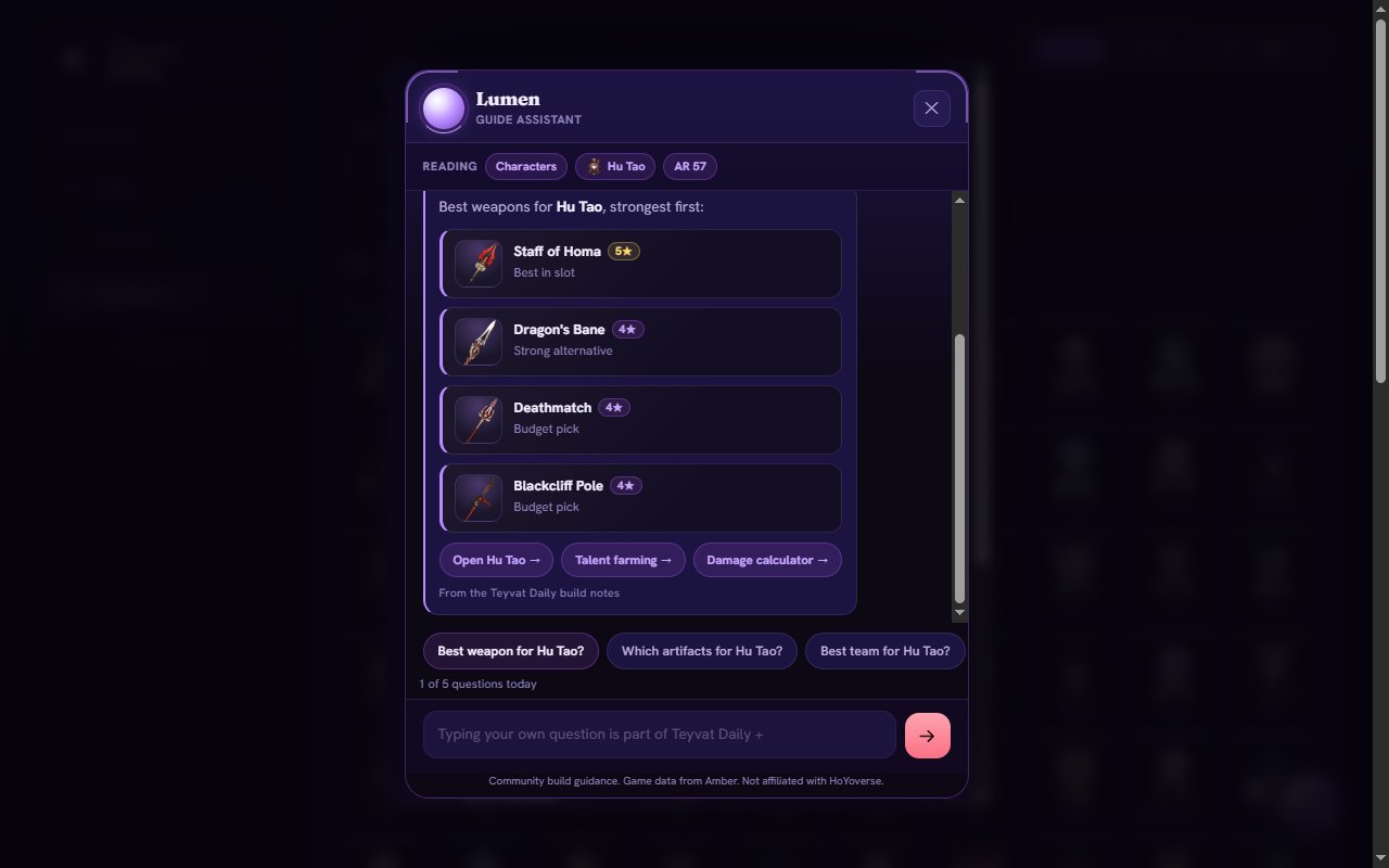 Lumen, the guide assistant, answering a question about Hu Tao on the Characters screen